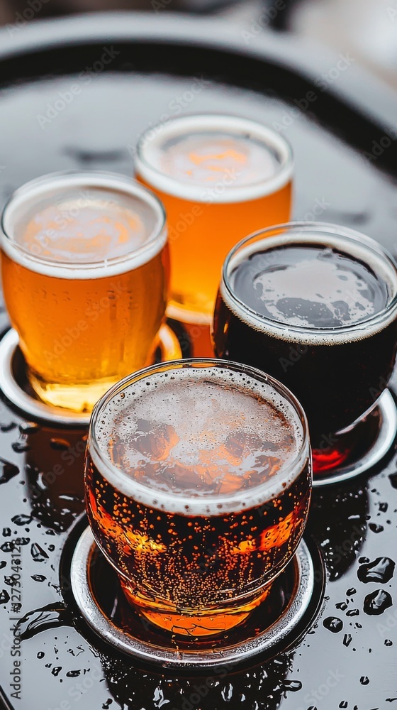 Craft beers arranged on a tray with condensation in a cozy bar setting during the evening Craft beers arranged on a tray with condensation in a cozy bar setting during the evening