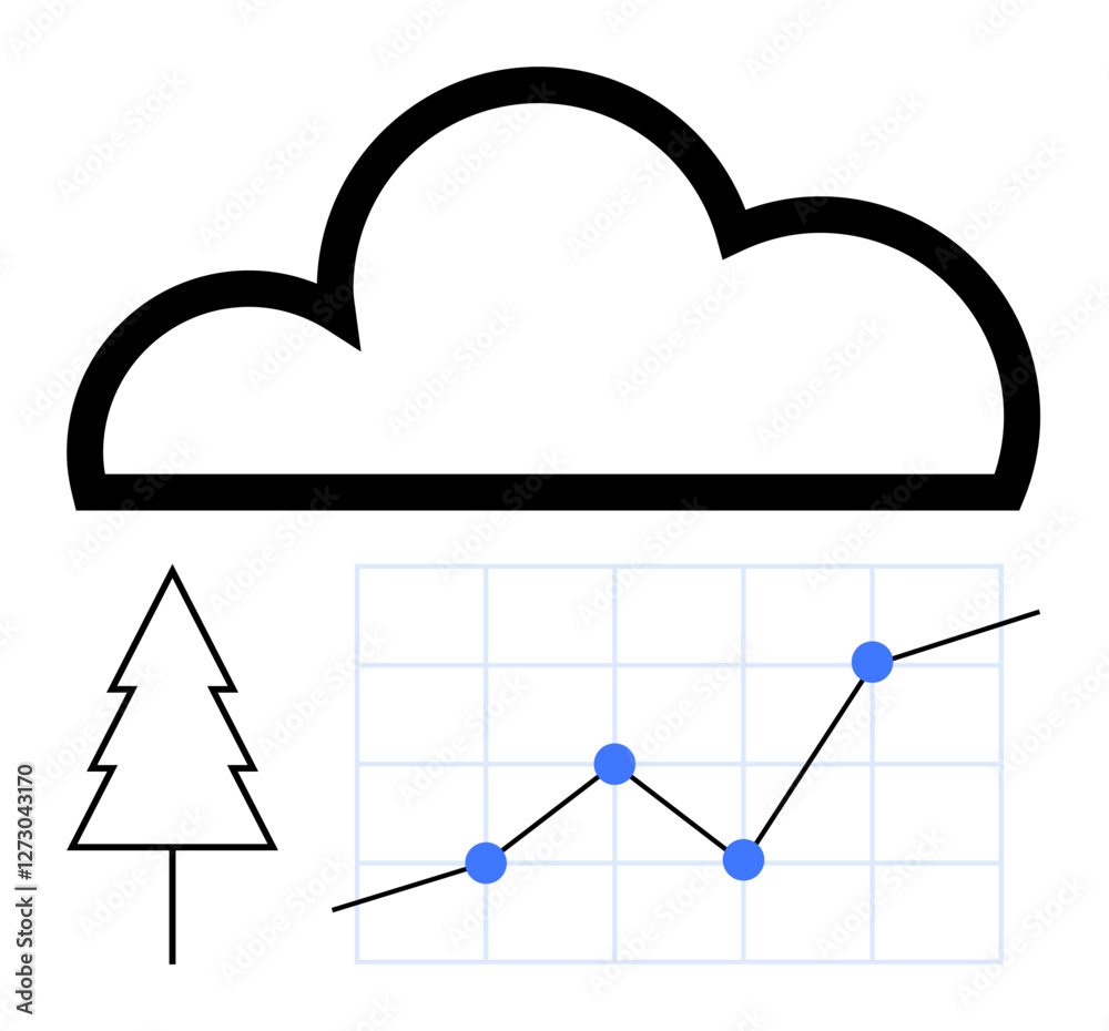 Cloud outline above, blue data trend chart with dots, and a simple tree line evoke technology, data growth trends, and eco-consciousness. Ideal for cloud computing, analytics, sustainability Cloud outline above, blue data trend chart with dots, and a simple tree line evoke technology, data growth trends, and eco-consciousness. Ideal for cloud computing, analytics, sustainability