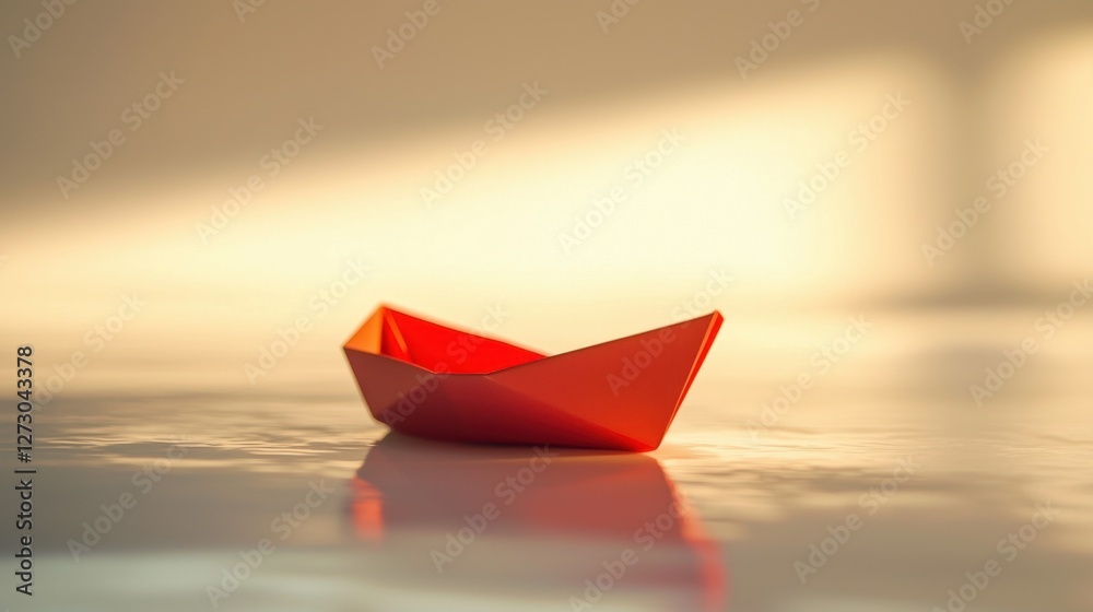 Obraz premium Miniature paper boat floating on a white surface, soft shadows and crisp details.