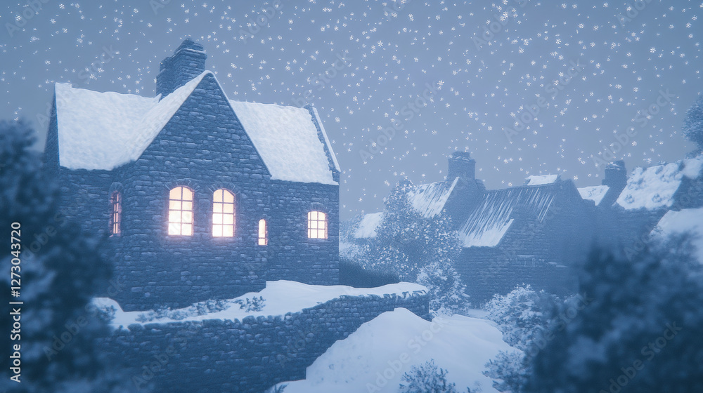 Fototapeta premium Snowy evening in a quaint village with illuminated stone houses