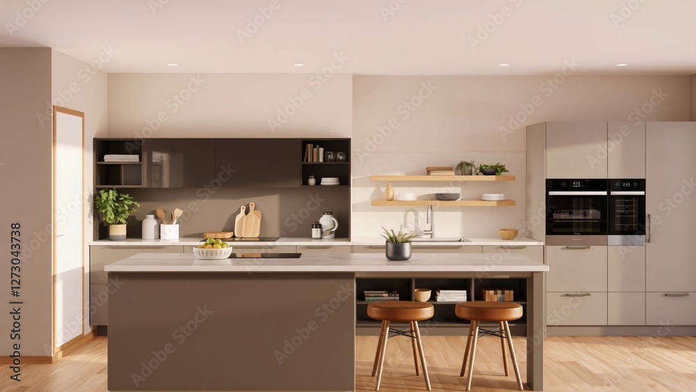 Modern Minimalist Kitchen Design with Island and Built-in Appliances Modern Minimalist Kitchen Design with Island and Built-in Appliances