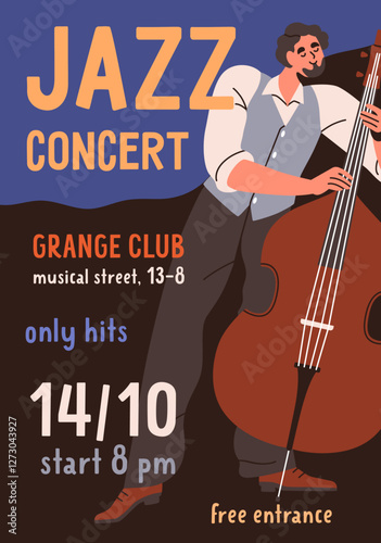 Jazz music poster, double bass player. Concert with contrabass, flyer design. Promotion card, ad placard, advertising vertical banner template for live performance. Flat vector illustration