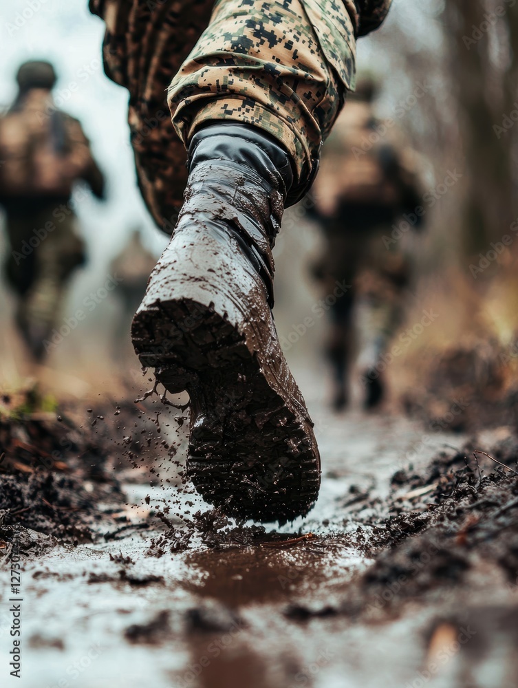 Tactical squad moving through rugged wet ground, mud-covered boots, cinematic war photography, high-detail military realism Tactical squad moving through rugged wet ground, mud-covered boots, cinematic war photography, high-detail military realism