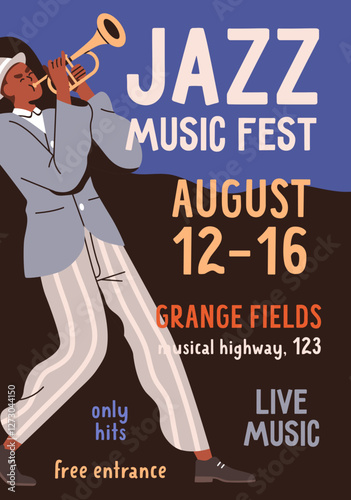 Jazz concert, music festival poster. Advertising inviting flyer design, promotion card for live performance. Vertical ad promo banner template, musician playing trumpet. Flat vector illustration