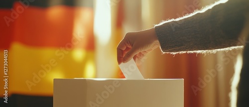 Casting a Vote in Elections: Hand Inserting Ballot into Voting Box with Colorful Background, Democracy and Civic Engagement Concept photo