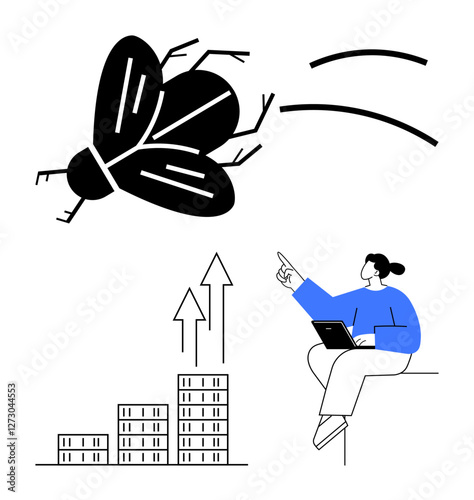 Woman seated with a laptop points upward at a giant fly bar graphs display growth and arrows show progress. Ideal for business, innovation, strategies, planning, goals, success, abstract line flat