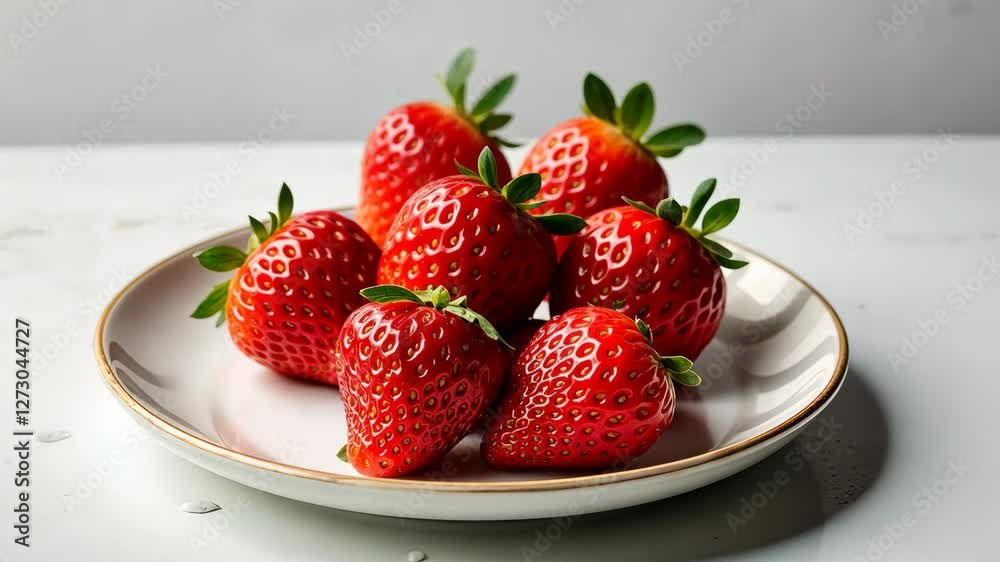 A plate with a bunch of red strawberries on it. The strawberries are all different sizes and are arranged in a neat row A plate with a bunch of red strawberries on it. The strawberries are all different sizes and are arranged in a neat row