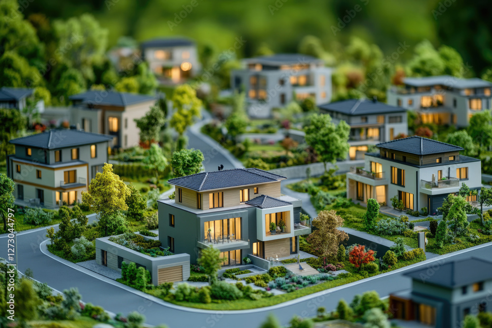 Fototapeta premium A miniature model of a modern residential neighborhood showcasing houses with landscaping and streetlights.