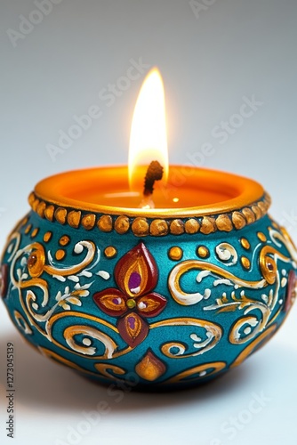 Wallpaper Mural A beautifully decorated teal candle with intricate gold and maroon designs, glowing warmly against a simple background. Torontodigital.ca