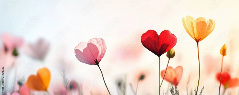 Obraz premium Whimsical field of flowers with heart-shaped petals, soft pastel tones, delicate watercolor style, romantic and dreamy botanical composition