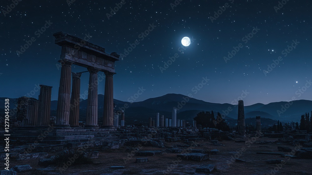 Fototapeta premium Night view of ancient Greek ruins under a full moon, mountains in background; historical travel