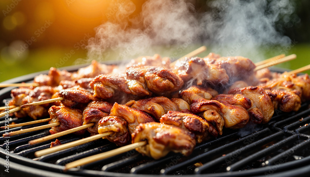 Marinated meat skewers grilling in lush garden during golden hour, culinary delight Marinated meat skewers grilling in lush garden during golden hour, culinary delight