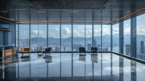 Wallpaper Mural A spacious, modern office with floor-to-ceiling windows, showcasing the stunning view of Hong Kong cityscape and skyline in the distance. Torontodigital.ca