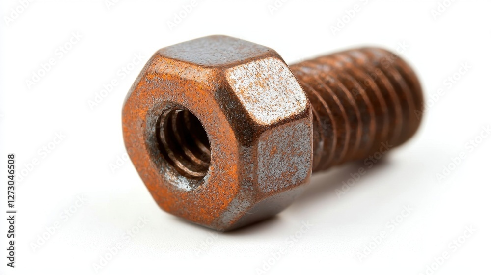 Miniature screw nut with metallic reflections, isolated on a clean white background. Miniature screw nut with metallic reflections, isolated on a clean white background.