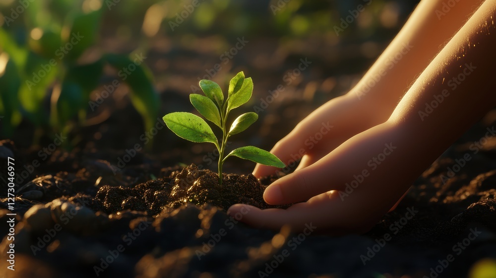 Fototapeta premium Growth and care child's hands with a young plant in an outdoor garden