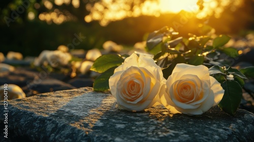 Three white roses resting on a gravestone during a vibrant sunset in a serene cemetery setting