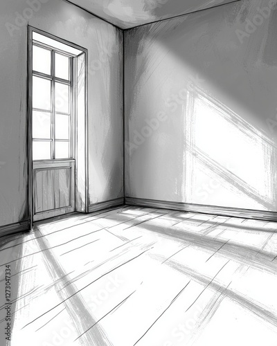 A simple black-and-white drawing of an empty room with sunlight streaming through the windows  casting long shadows on the floor..