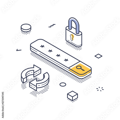 Isometric line art icon showcasing elements of internet security, including a padlock and a password entry field. Geometric shapes enhance the modern infographic appearance. Vector illustration