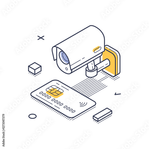 Isometric line art design featuring a surveillance camera and a payment card. The elements emphasize the theme of internet security in a modern context. Vector illustration