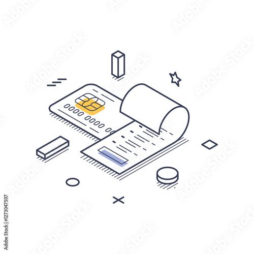 Online payment system featuring a credit card and a bill. Various geometric shapes surround the elements, emphasizing the digital payment concept. Vector line art icon illustration