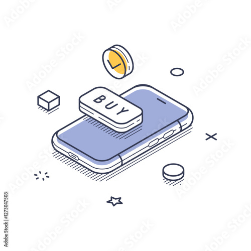 Online shopping, featuring a mobile device with a buy button and coins, showcasing the digital purchase process in a modern context. Vector illustration