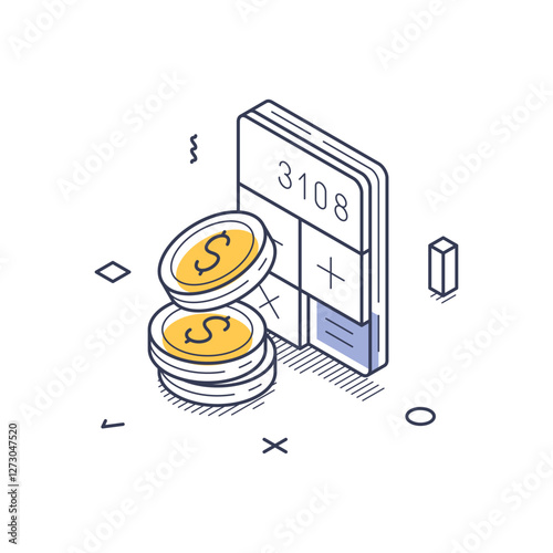 Business investment concept with golden coins stacked beside a calculator displaying a total amount. The isometric line art style adds depth to the investment theme. Vector illustration