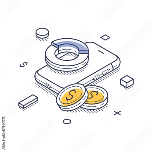A mobile device is illustrated with coins and pie chart graphics, representing finance and banking concepts. Modern isometric line art vector illustration