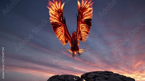 A dramatic low-angle shot of a fiery phoenix rising from ashes against a twilight sky, capturing a mythical rebirth theme in cinematic video style.