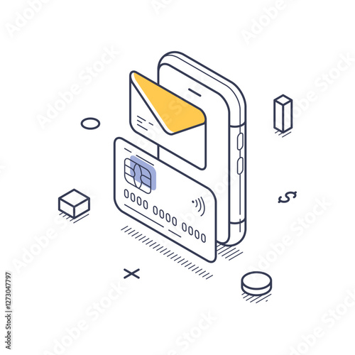 Smartphone with a credit card and envelope. The elements symbolize modern finance and banking activities in a digital context. Mobile money transfer. Modern isometric line art vector illustration