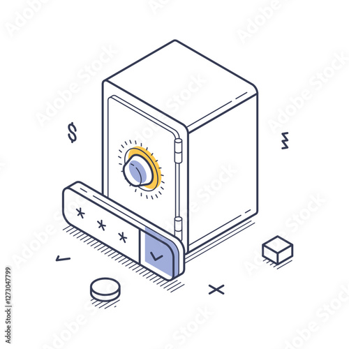 Bank vault designed with isometric perspective. The icon represents security and storage of valuable assets in the finance and banking industry. Modern isometric line art vector illustration