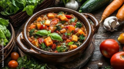 Mixed vegetable curry in a rustic clay pot, with fresh vegetables surrounding it. 