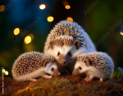 A hedgehog with two little cubs photo