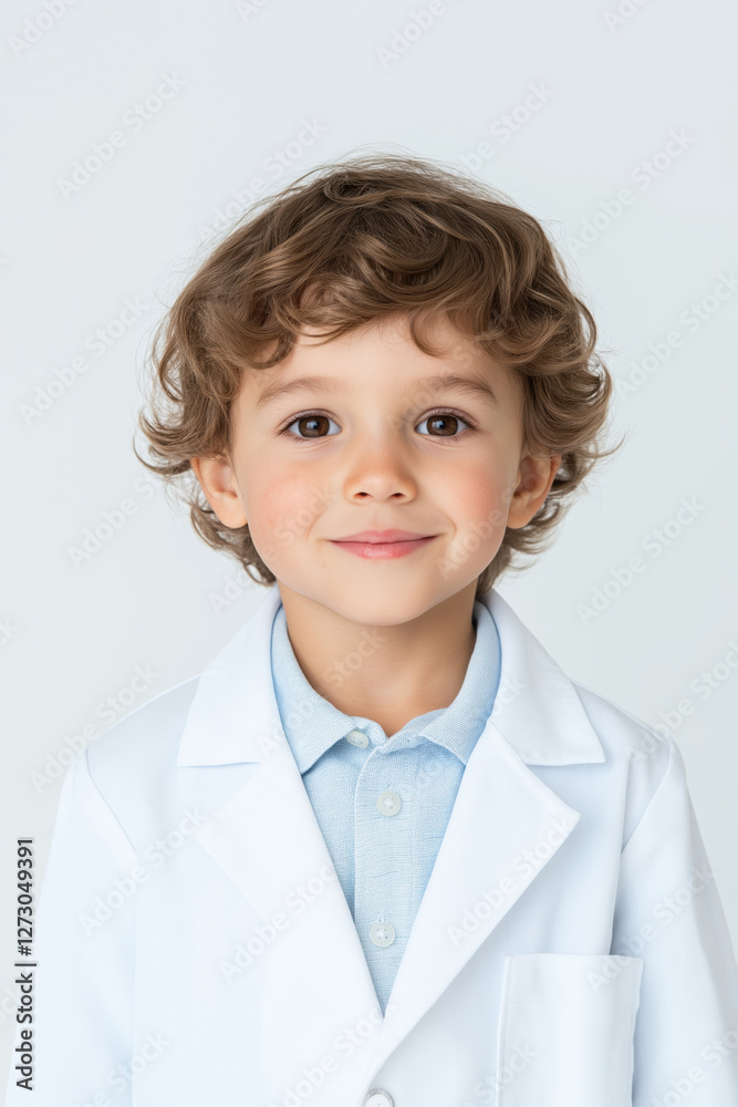 Child in white medical coat. Future doctor concept Child in white medical coat. Future doctor concept
