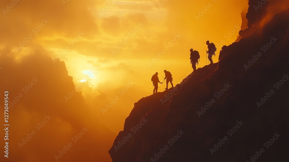 Mountaineering silhouettes against dramatic sunset, climbers scaling cliff face, rope team ascending peak, layered mountain ranges, moody storm clouds, golden horizon glow, atmospheric landscape Mountaineering silhouettes against dramatic sunset, climbers scaling cliff face, rope team ascending peak, layered mountain ranges, moody storm clouds, golden horizon glow, atmospheric landscape