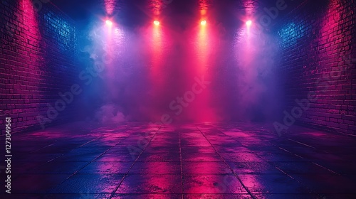 Brick alleyway, neon lights, smoky atmosphere, background for product display