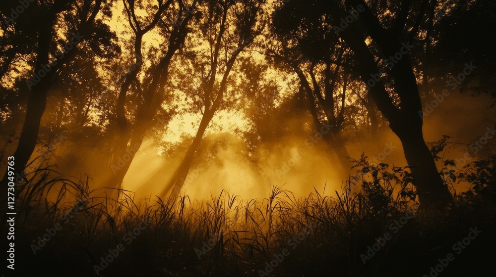 Fototapeta premium mysterious woodland dawn, shadowy tree forms, golden atmospheric lighting, misty forest interior, tall grass silhouettes, ethereal morning atmosphere, professional nature photography