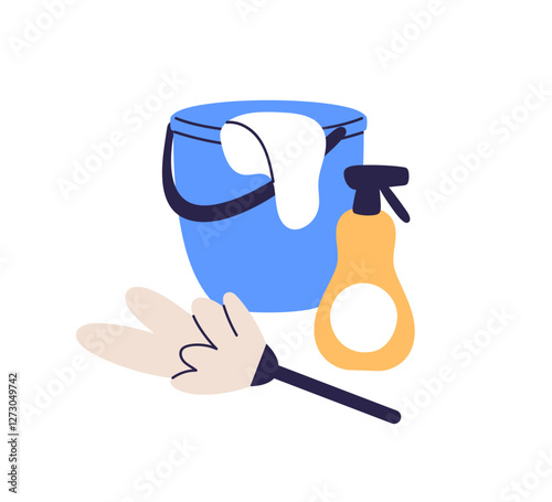 Cleaning supplies, bucket, washing brush, detergent, chemical spray bottle and cloth. Housekeeping tools, housework cleanup accessories kit. Flat vector illustration isolated on white background