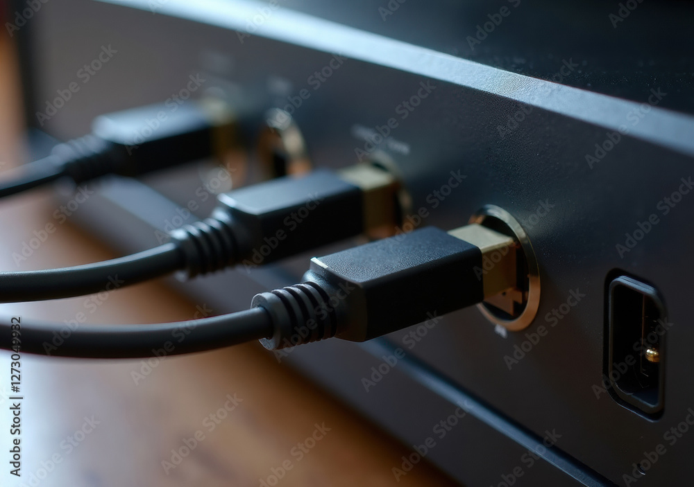 Various electronic cables connected to a black device on a wooden table Various electronic cables connected to a black device on a wooden table