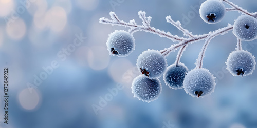 Blue berries covered with frost on winter branch. Winter beauty concept