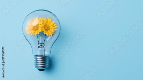 Yellow flowers in light bulb on blue background with copy space. Spring ideas concept