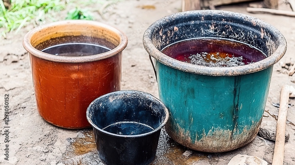 Outdoor water buckets, steaming liquid, garden, construction site, rural work Outdoor water buckets, steaming liquid, garden, construction site, rural work