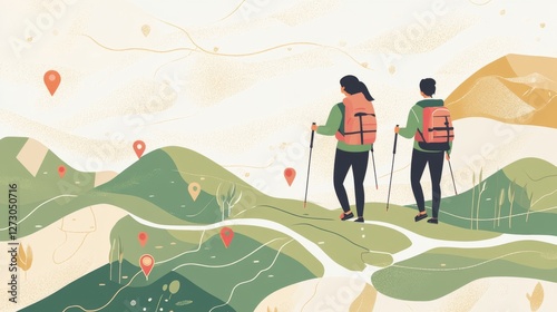 Outdoor navigation artwork, pair of hikers walking on illustrated terrain map, simple geometric nature elements, layered landscape features, hiking path with destination markers, clean vector style,