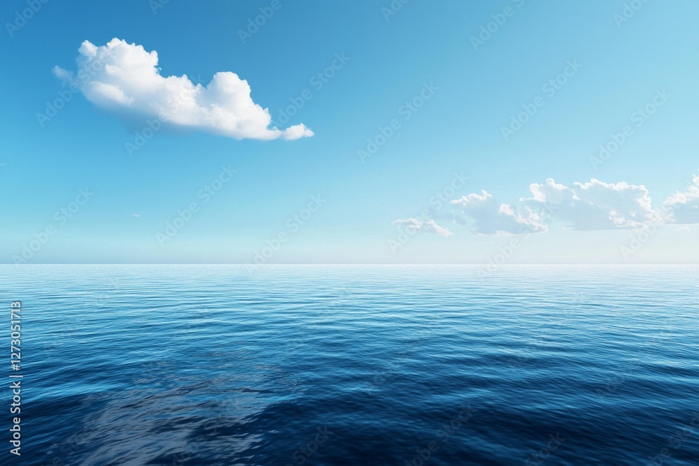 Fototapeta premium A vast, calm sea under the blue sky, with a white cloud in sky. The water is deep and serene, reflecting the clear sky above it. 