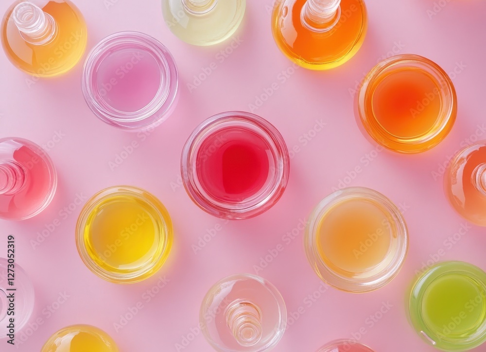 Vibrant collection of colorful glass bottles filled with serum and face oil, perfect for skincare enthusiasts. Vibrant collection of colorful glass bottles filled with serum and face oil, perfect for skincare enthusiasts.