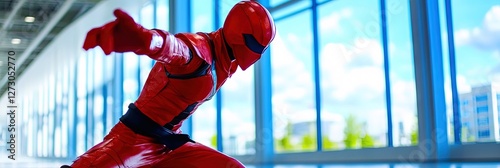 cosplayer action pose at comic book convention