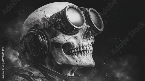 skull with night vision goggles in tactical helmet vintage style illustration for apparel and logo design photo