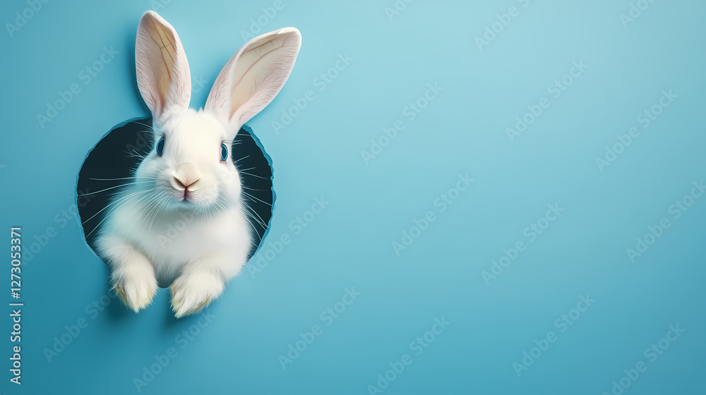 Obraz premium Curious White Rabbit Peeking Through a Blue Circle