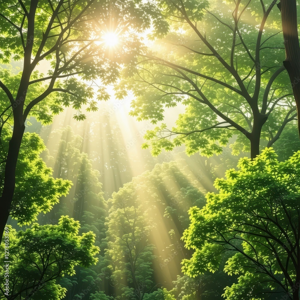 Fototapeta premium A serene background capturing a dense forest canopy with golden sunlight filtering through lush green leaves