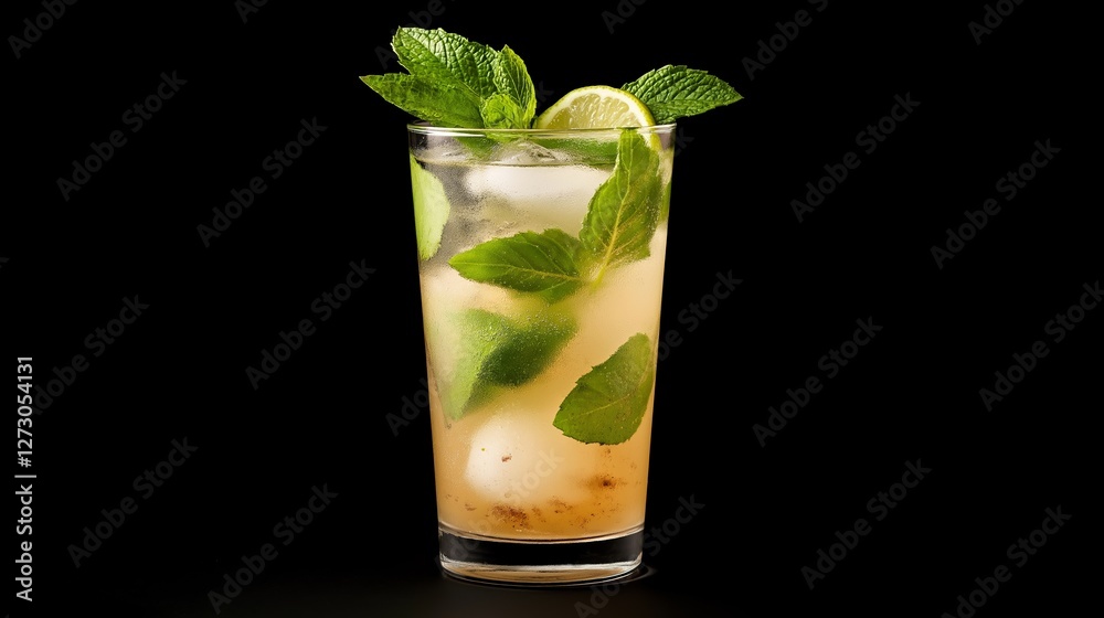 Refreshing cocktail with mint and lime served in a clear glass on a dark background Refreshing cocktail with mint and lime served in a clear glass on a dark background