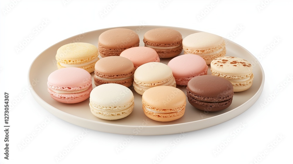Obraz premium Delicious assortment of colorful macarons presented on a neutral plate in a bright setting